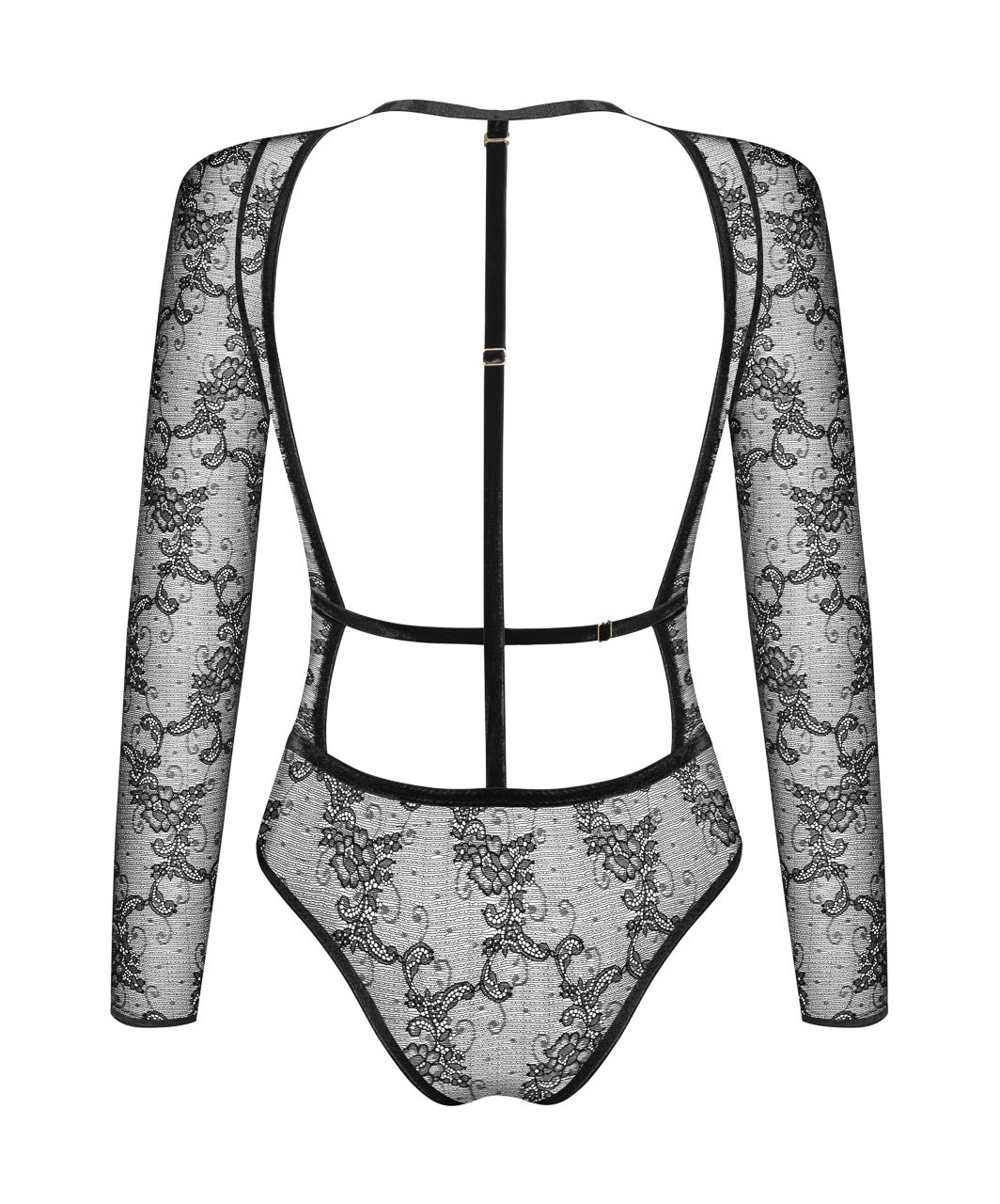 Noir Handmade black lace bodysuit with velvet edging
