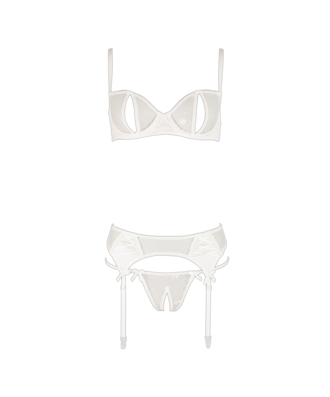 Abierta Fina white suspender set with crotchless string