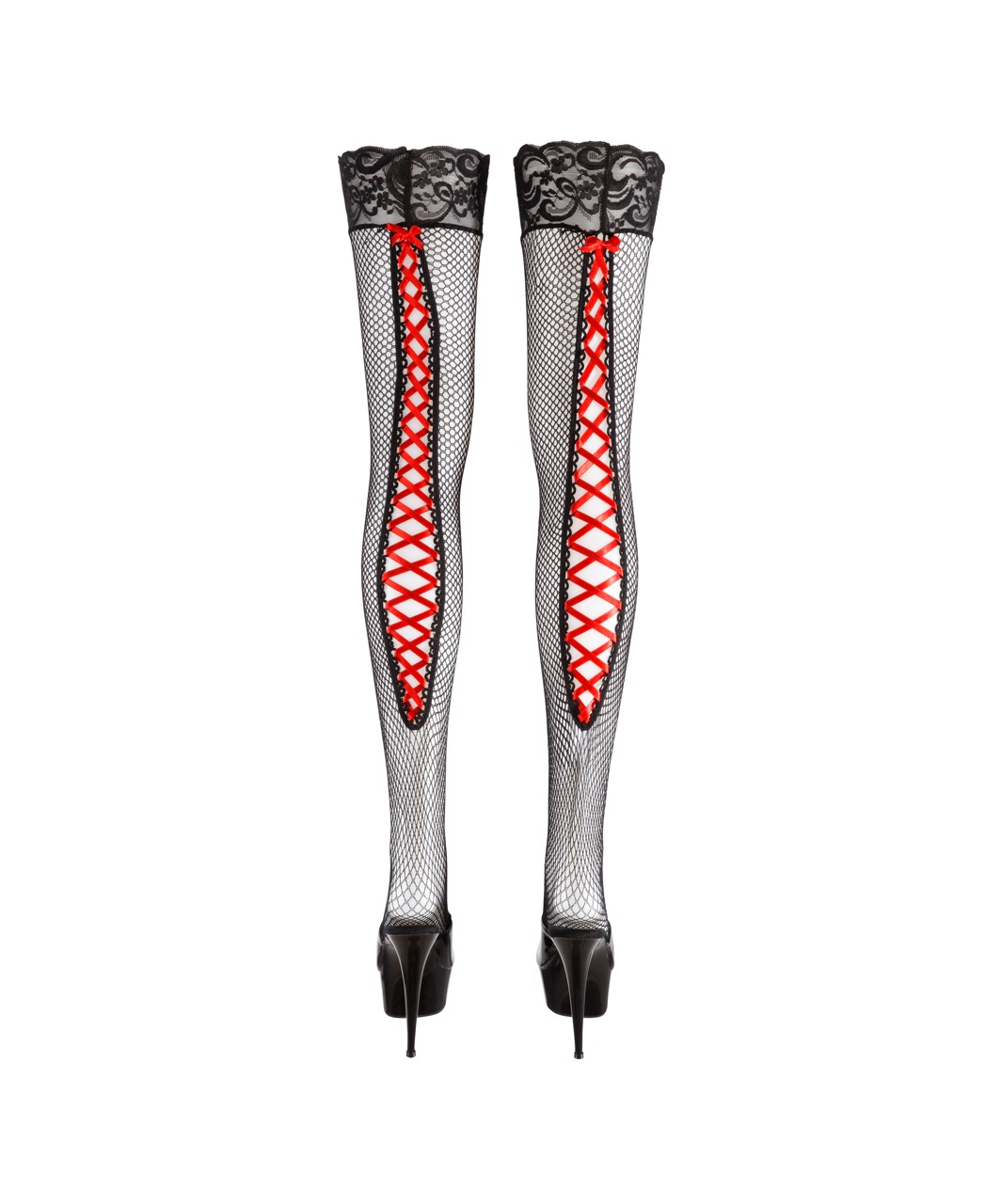 Cottelli Lingerie black net hold-up stockings with red lacing
