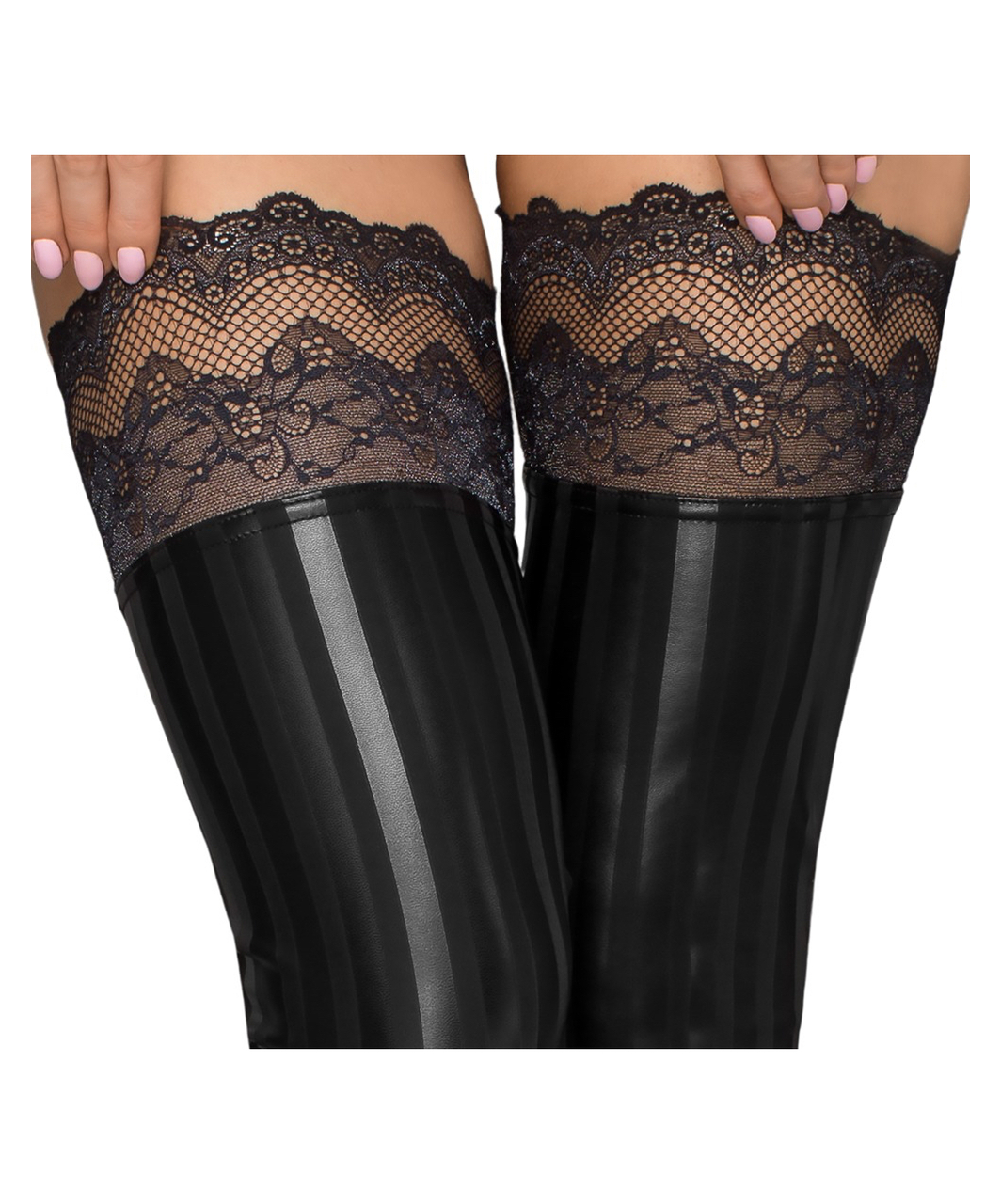 Noir Handmade black striped hold up stockings with lace