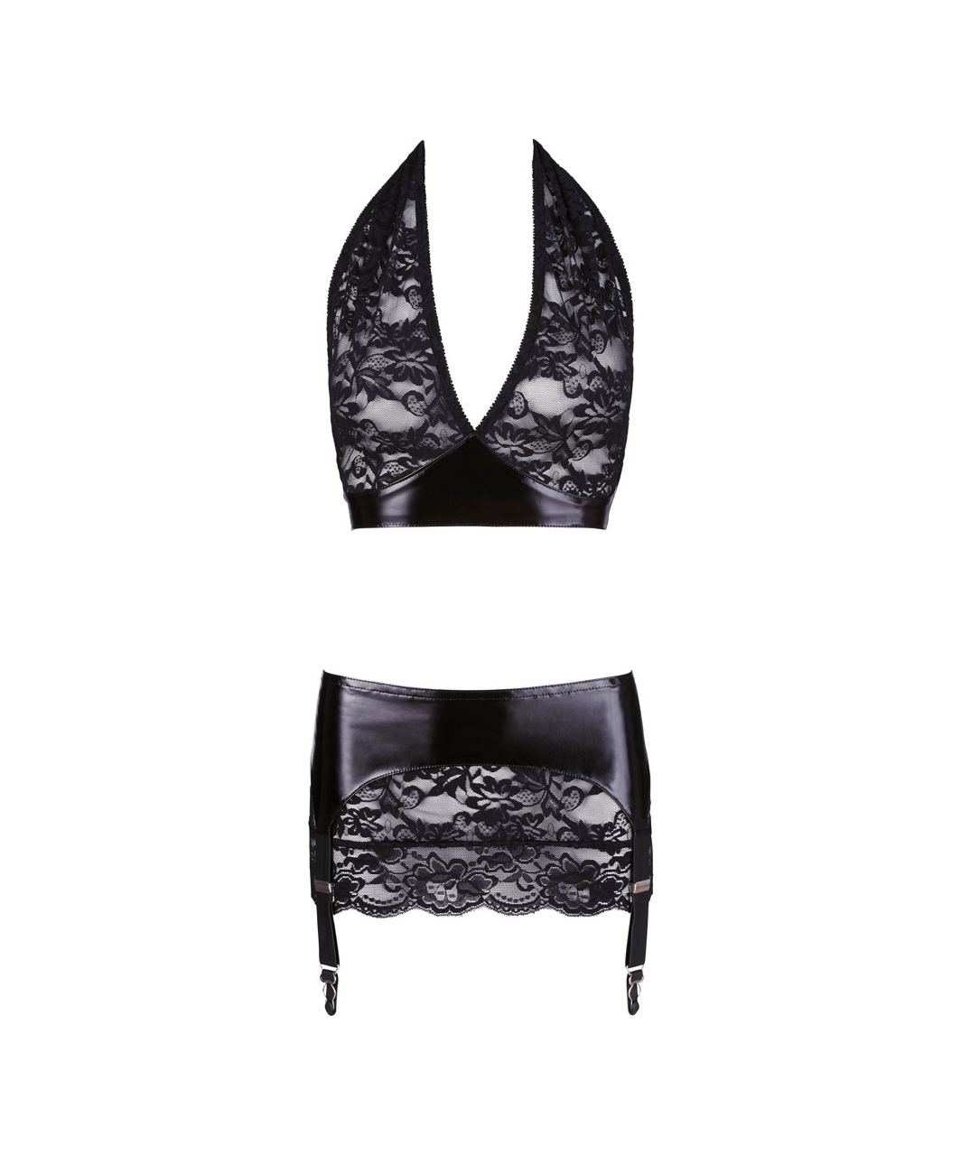 Black Level black vinyl and lace two-piece suspender set