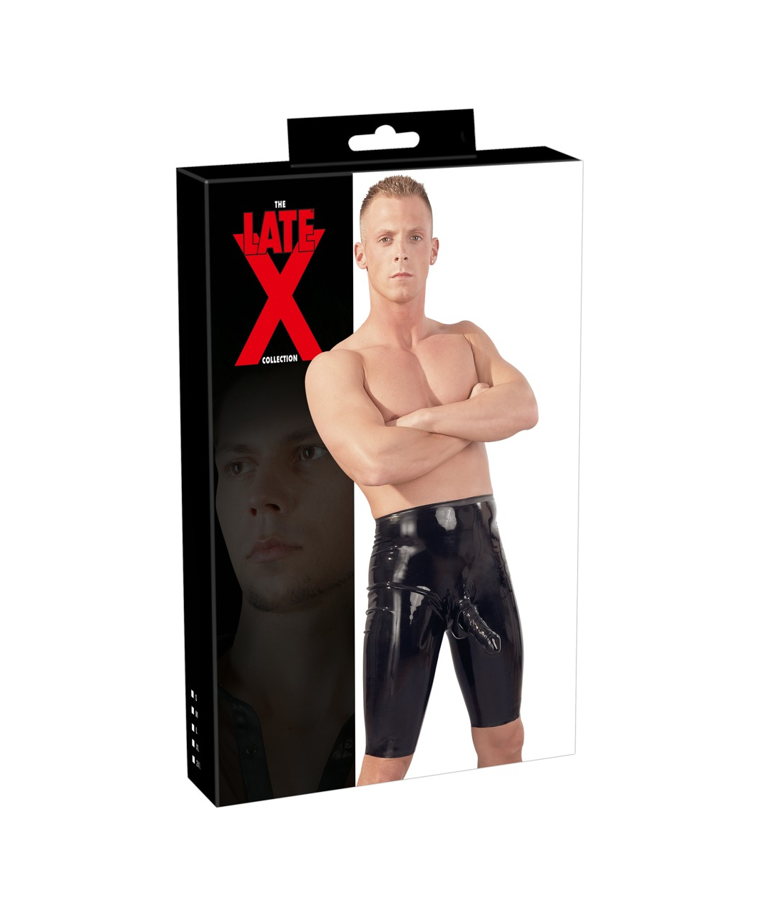 Late X mens black latex cycling shorts with penis sleeve