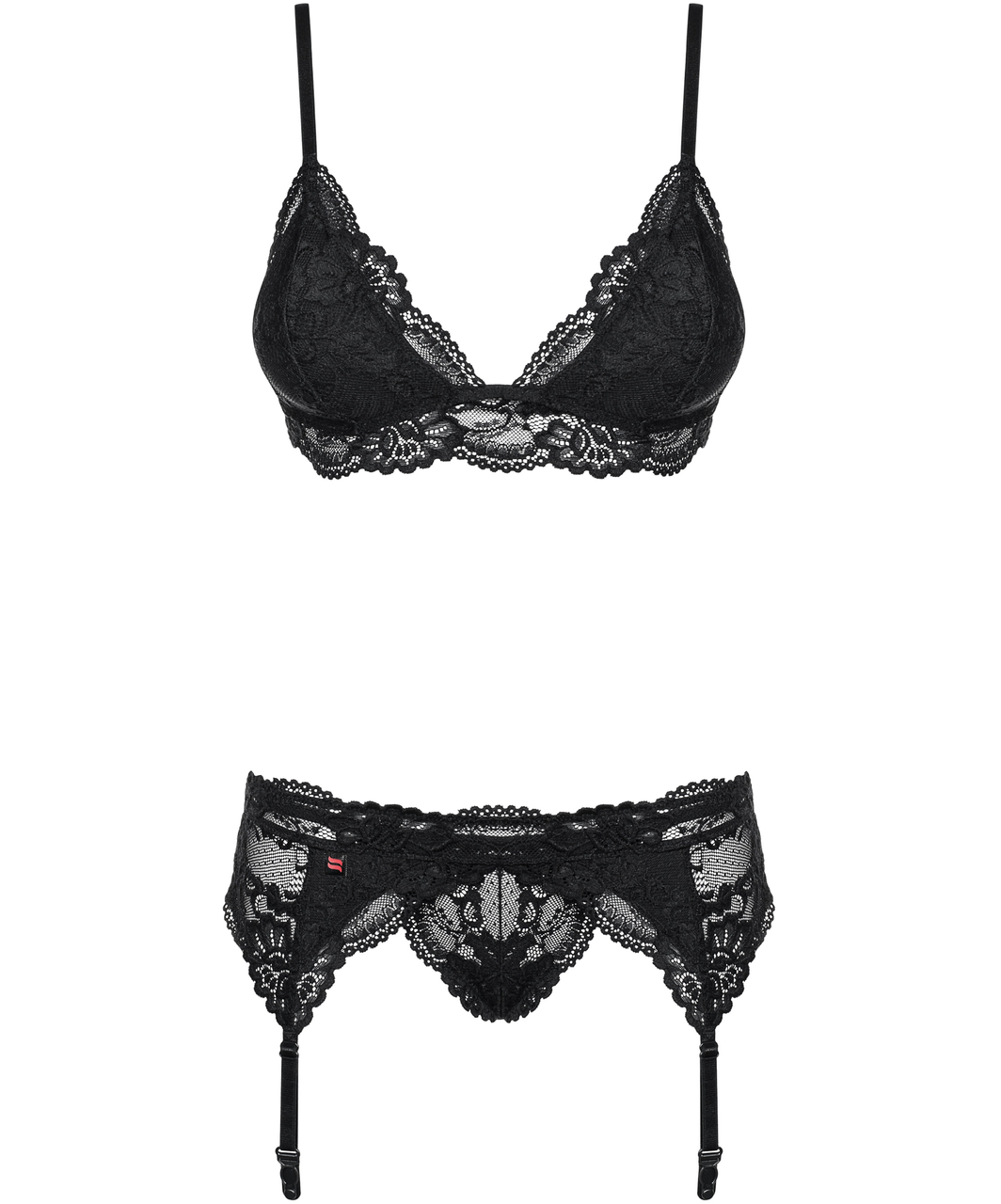 Obsessive black lace three-piece lingerie set
