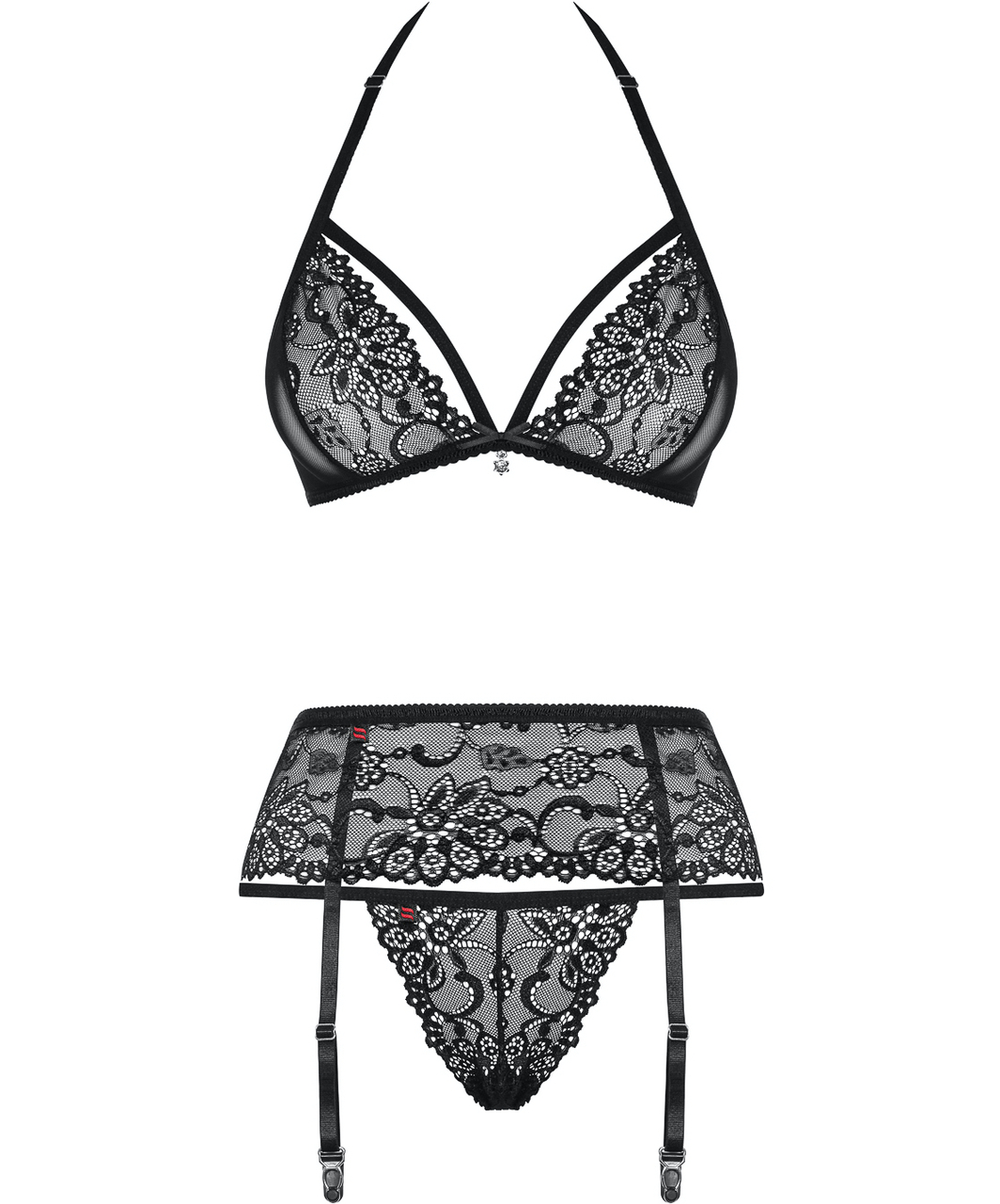 Obsessive black lace three-piece lingerie set