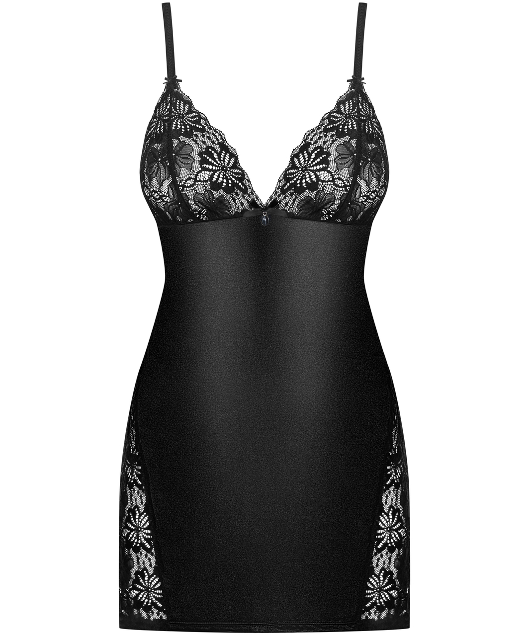 Obsessive black open back chemise with lace inserts
