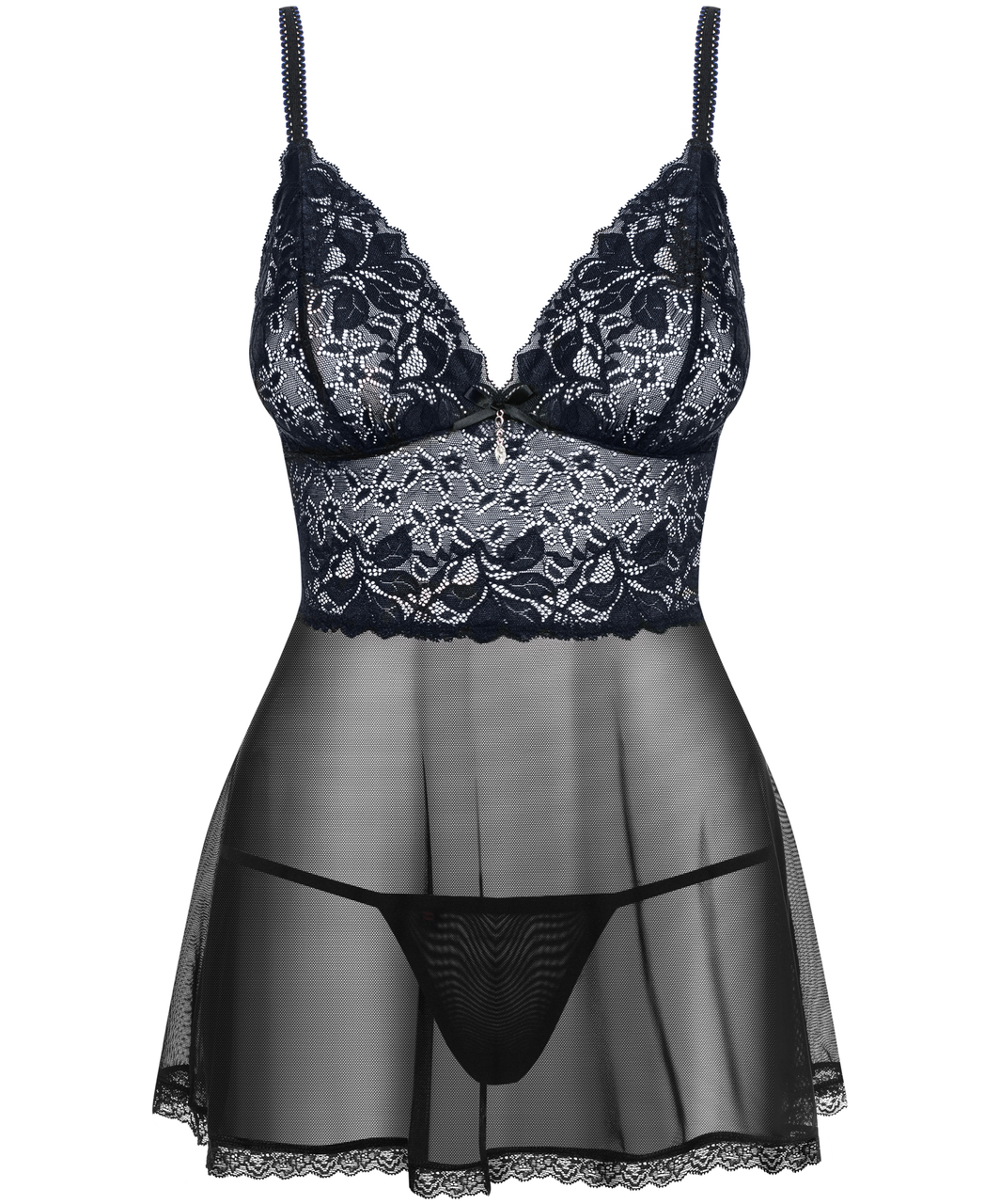 Obsessive black sheer babydoll with dark blue top