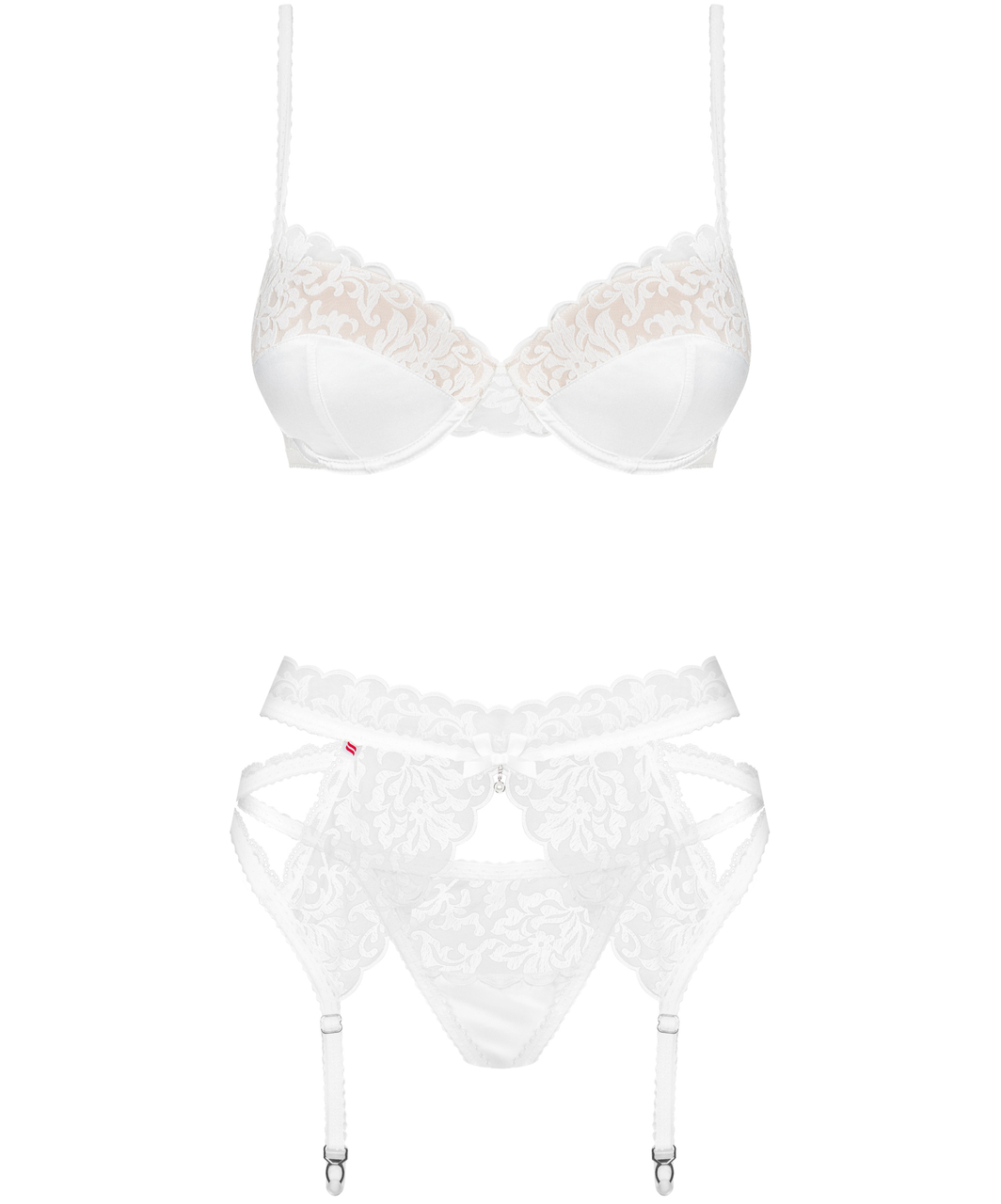 Obsessive white embroidered three-piece lingerie set