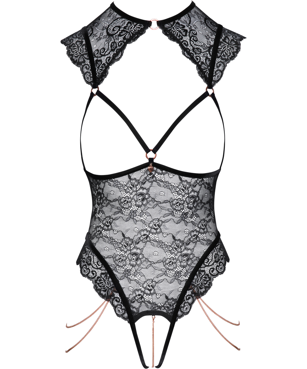 Abierta Fina black lace open bodysuit with chains