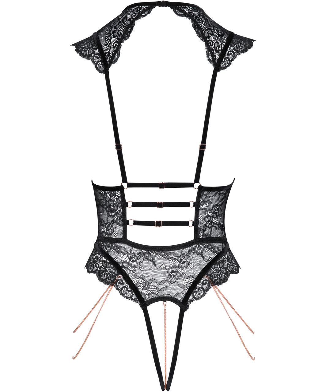 Abierta Fina black lace open bodysuit with chains