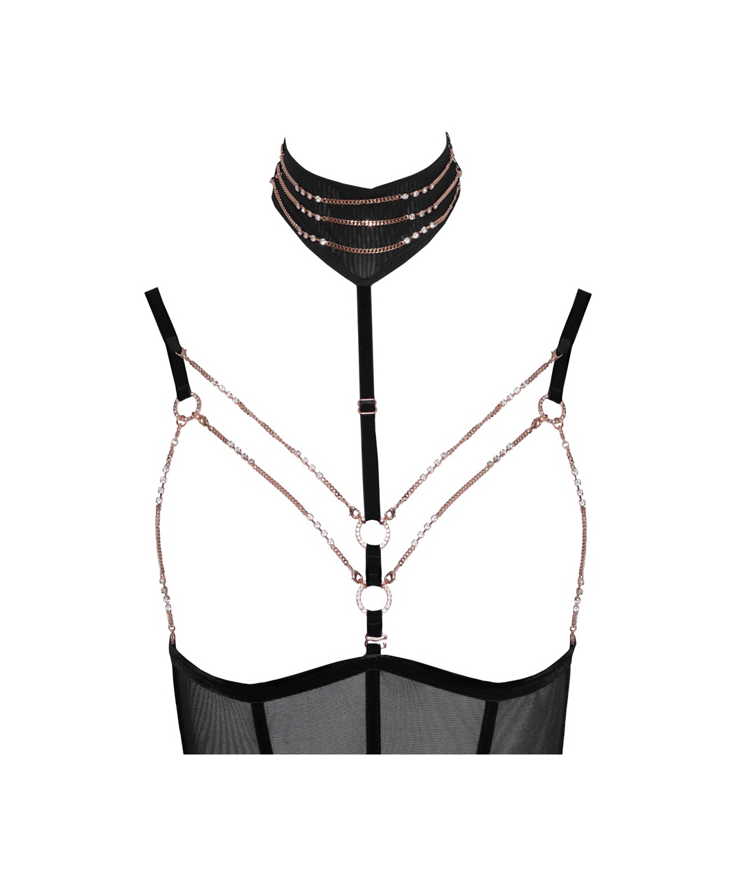 Abierta Fina black sheer mesh open bodysuit with rhinestones