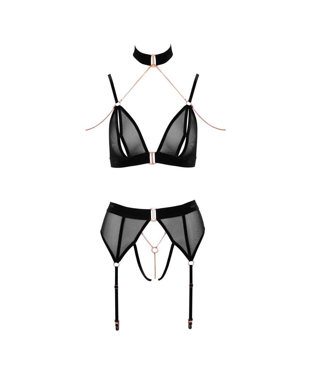 Abierta Fina black sheer mesh suspender lingerie set