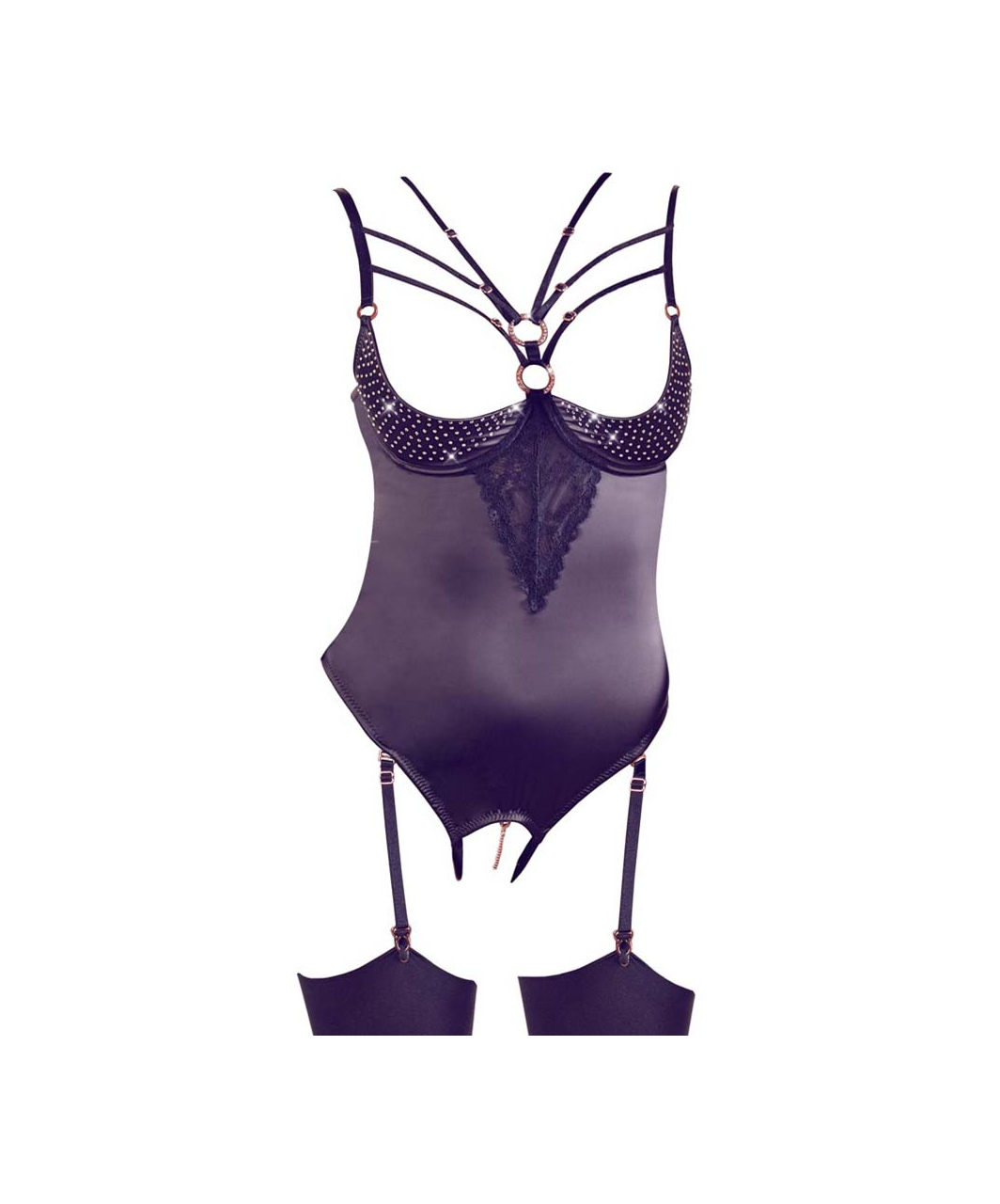 Abierta Fina black crotchless bodysuit with rhinestones