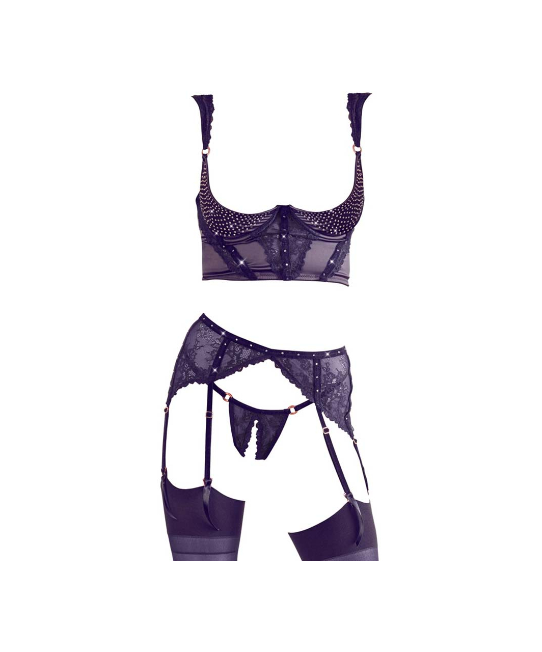 Abierta Fina black 3-piece suspender set with rhinestones