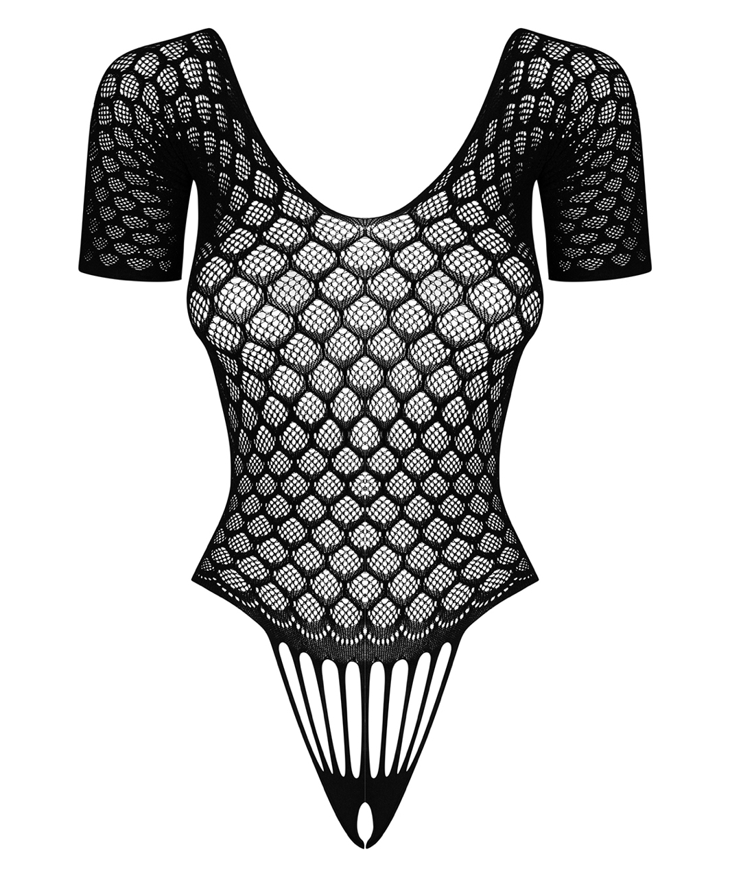 Obsessive black net crotchless bodysuit