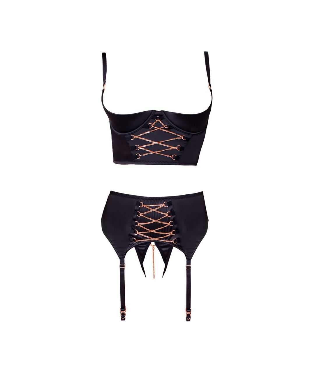 Abierta Fina black 3-piece suspender set with rose gold chains