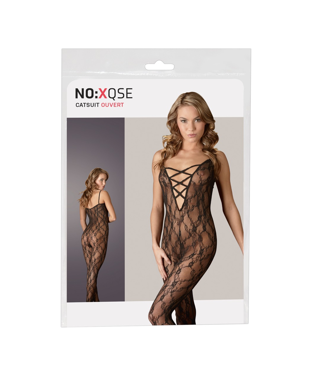 NO:XQSE juodas bodystocking be tarpkojo su raišteliais