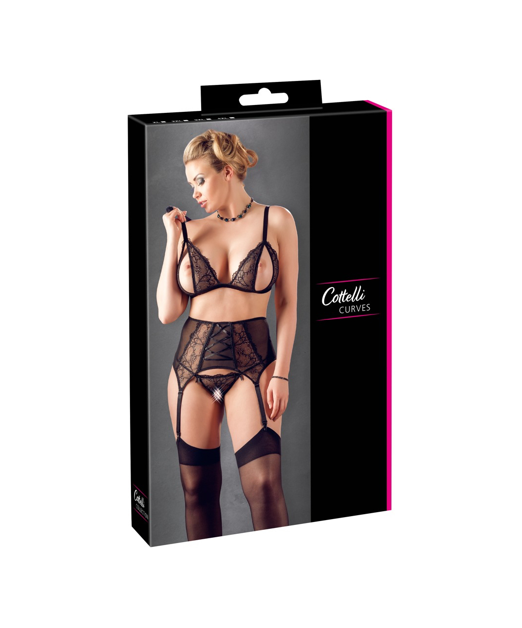 Cottelli Lingerie black lace 3-piece crotchless suspender set