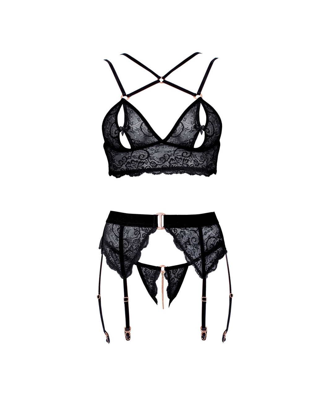 Abierta Fina black lace 3-piece suspender set