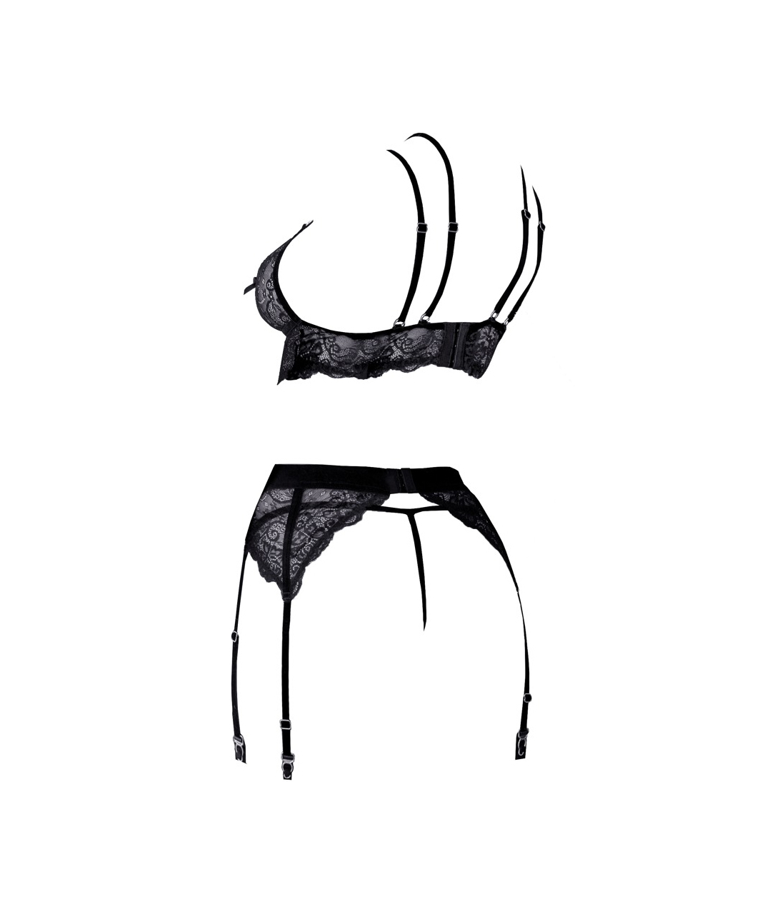 Abierta Fina black lace 3-piece suspender set