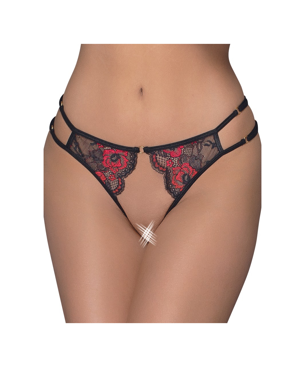 Cottelli Lingerie black lace crotchless string with red embroidery