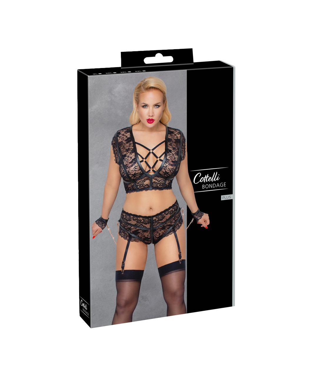 Cottelli Lingerie black lace crotchless suspender set with wrist cuffs