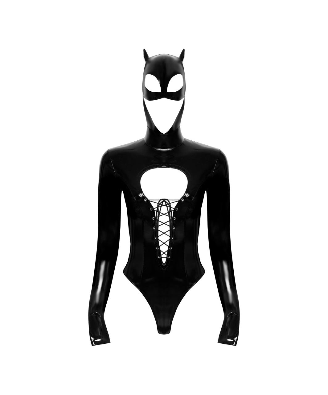 Black Level black vinyl bodysuit with cat hood mask