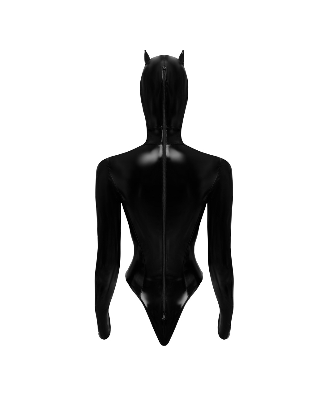 Black Level black vinyl bodysuit with cat hood mask