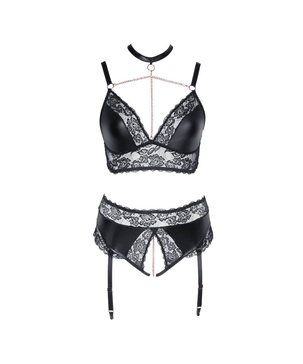 Cottelli Lingerie black matte look & lace crotchless suspender set