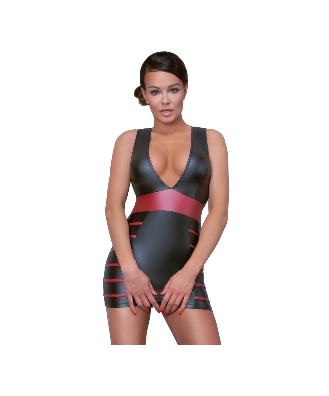 Cottelli Lingerie black matte look mini dress with red stripes