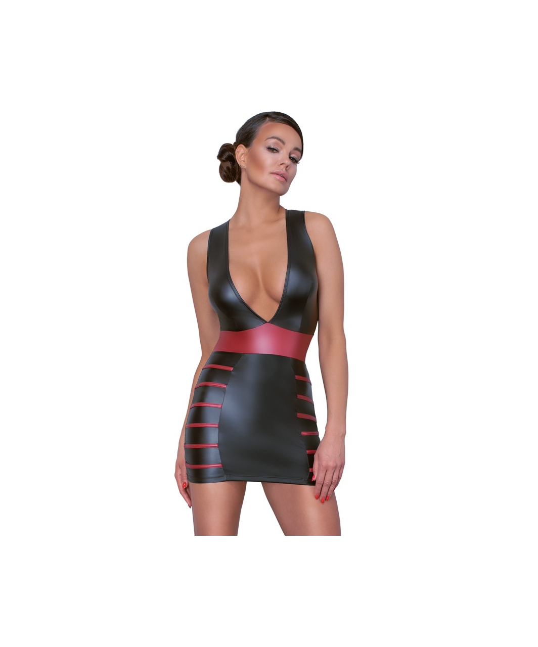 Cottelli Lingerie black matte look mini dress with red stripes
