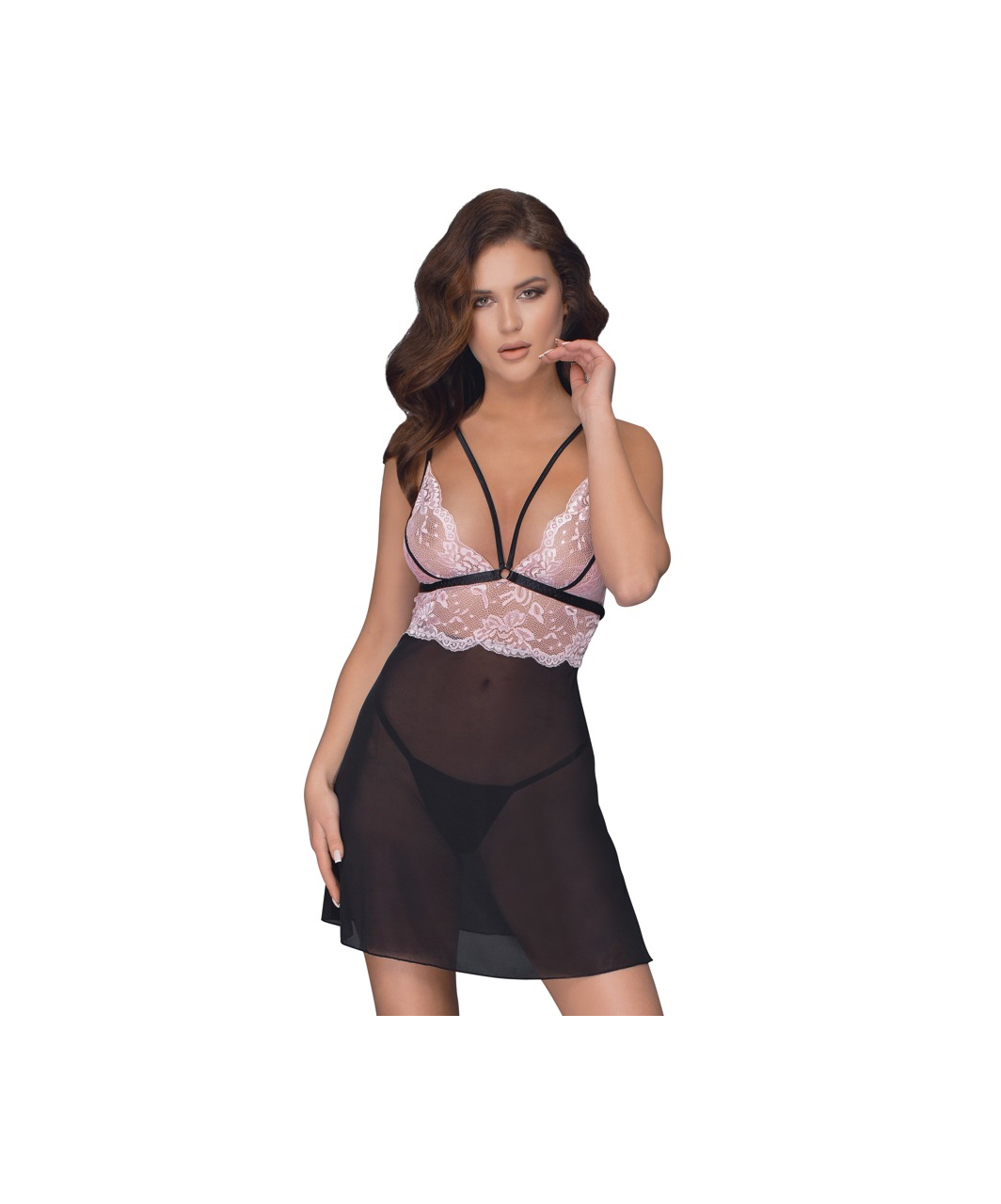 Cottelli Lingerie черная прозрачная сорочка с розовым кружевом