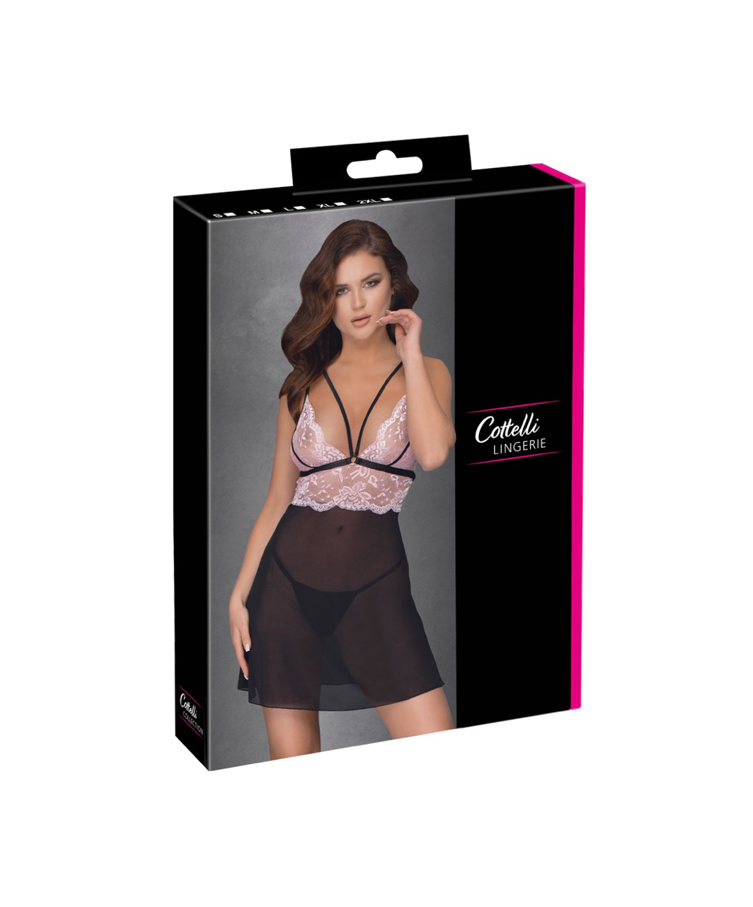 Cottelli Lingerie черная прозрачная сорочка с розовым кружевом