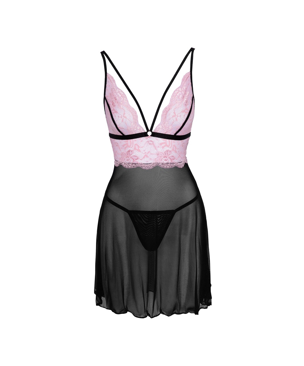 Cottelli Lingerie черная прозрачная сорочка с розовым кружевом