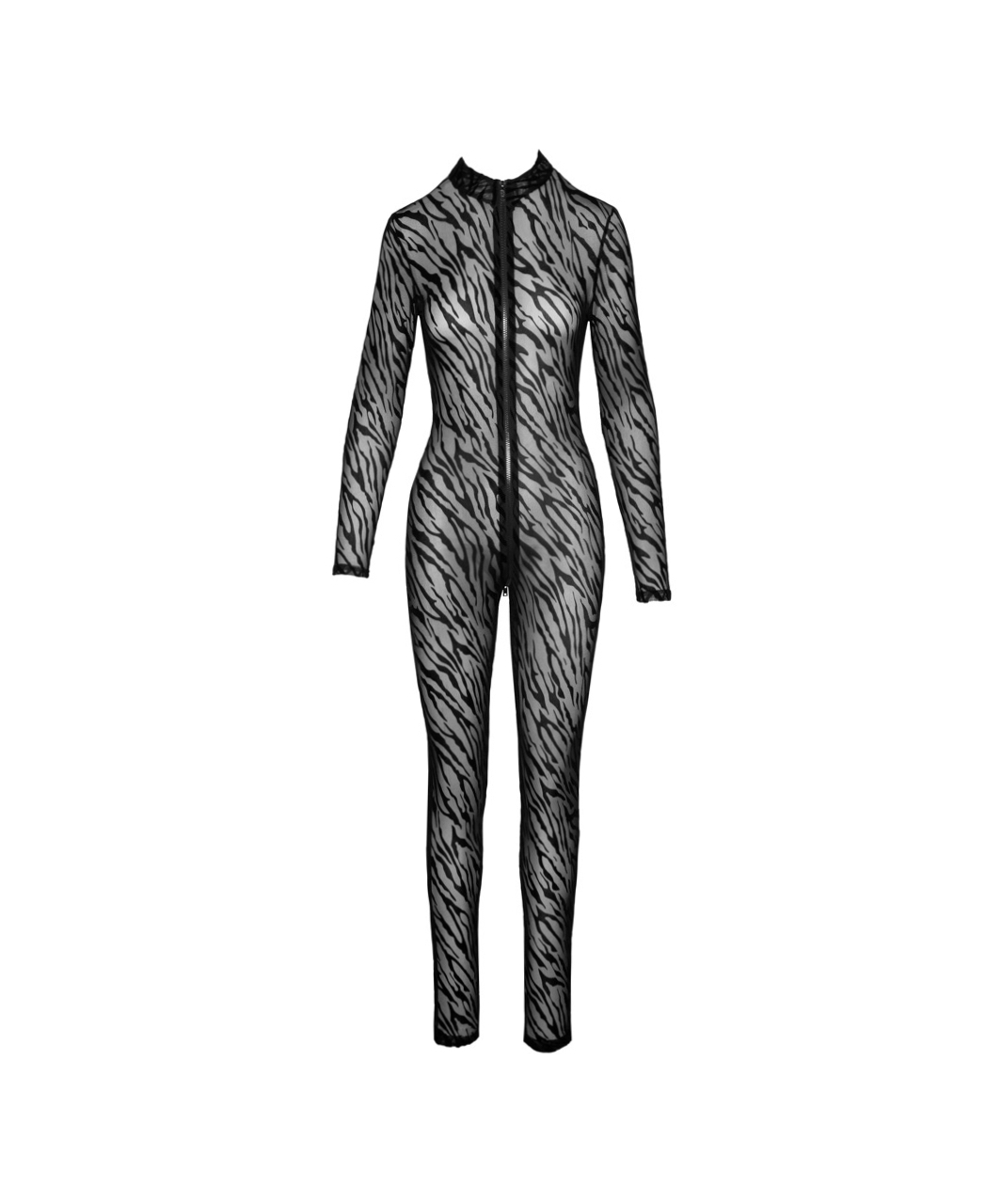 Noir Handmade black sheer mesh catsuit with flock print