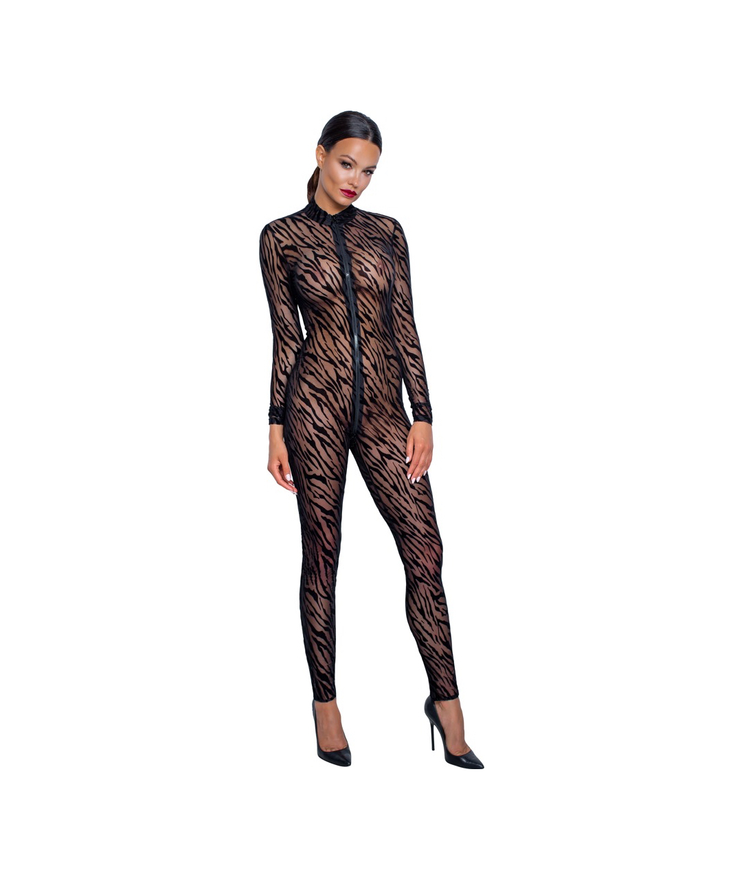 Noir Handmade black sheer mesh catsuit with flock print