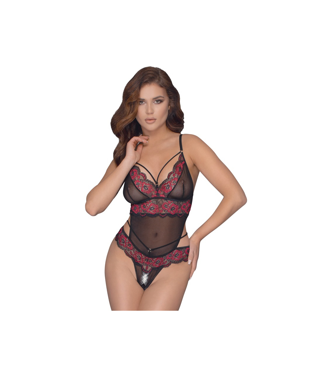 Cottelli Lingerie black sheer mesh crotchless bodysuit with red embroidery