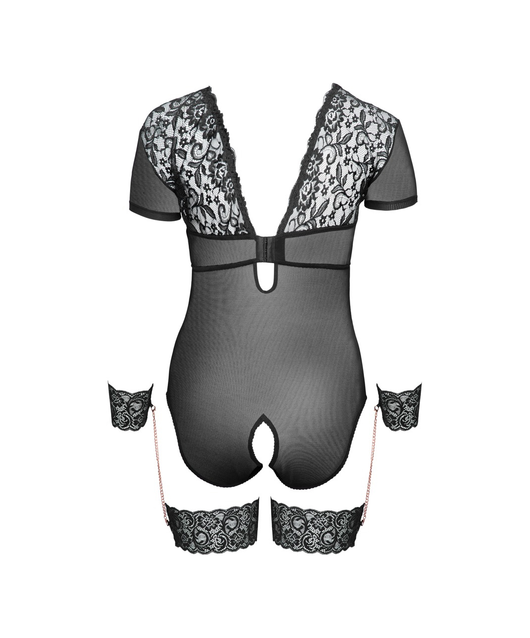 Cottelli Lingerie black sheer mesh crotchless bodysuit with wrist cuffs