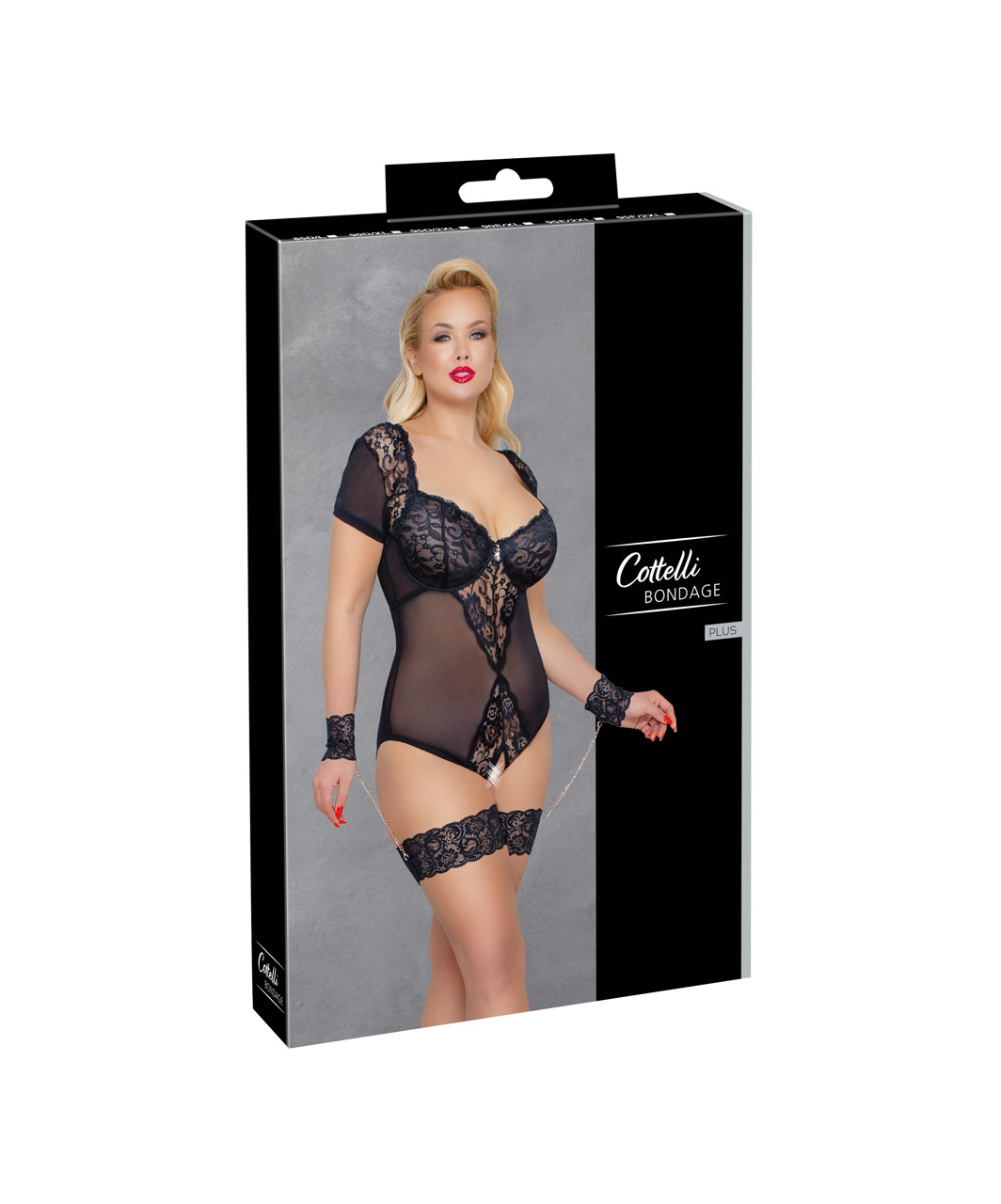 Cottelli Lingerie black sheer mesh crotchless bodysuit with wrist cuffs