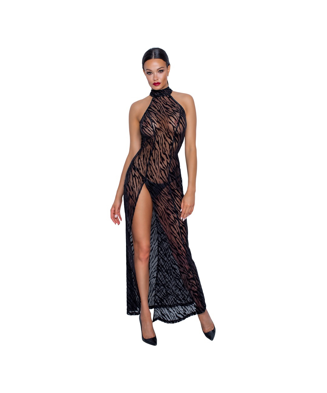 Noir Handmade black sheer mesh dress with flock print