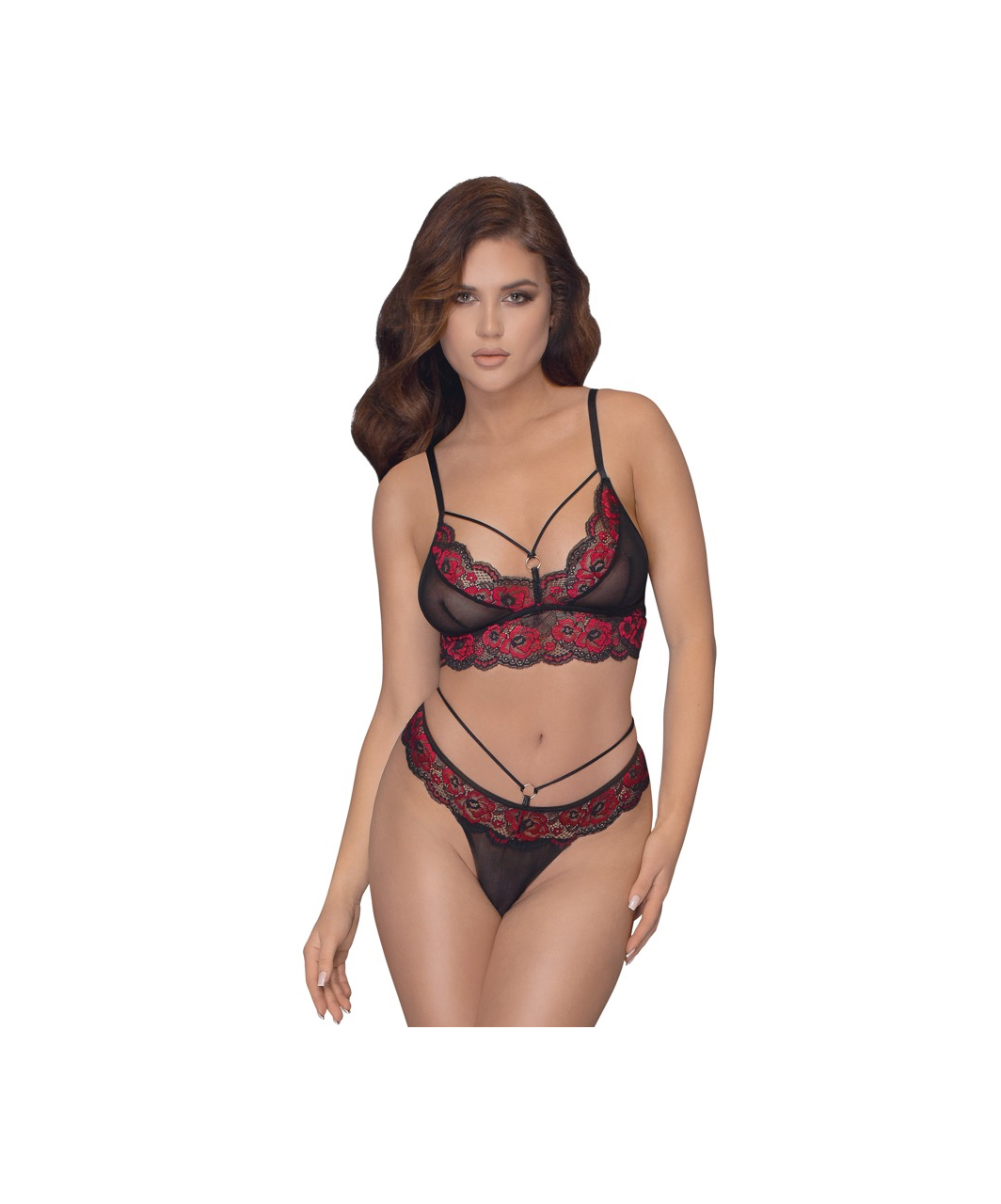 Cottelli Lingerie black sheer mesh lingerie set with red embroidery