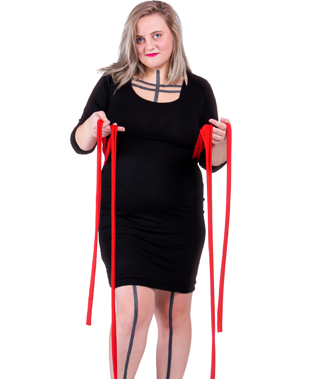 MAKE black tencel dress with sewn-in red sashes
