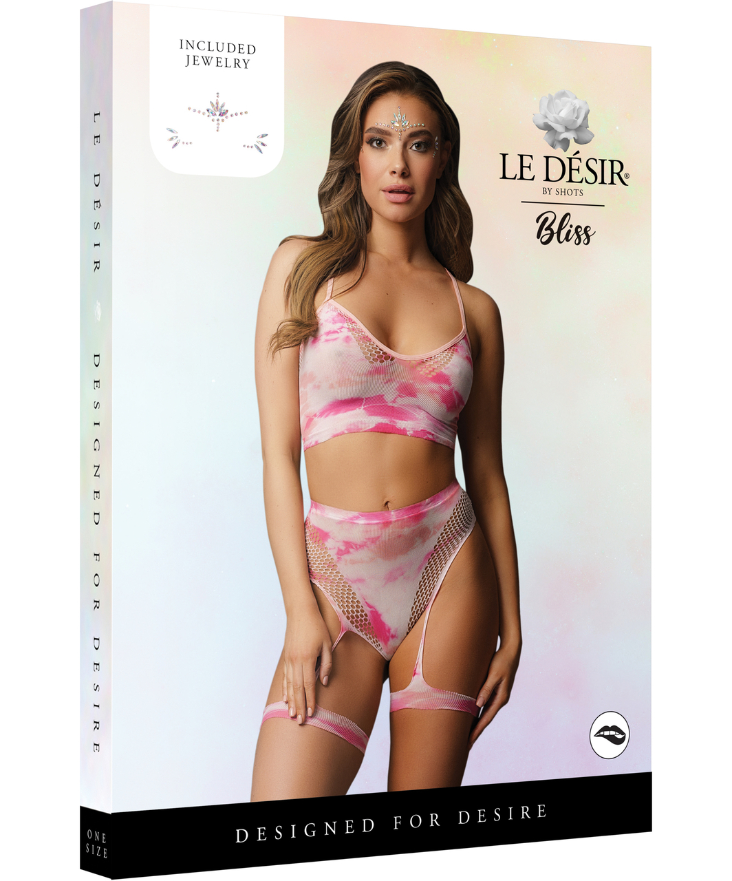 Le Désir Bliss pink net lingerie set & face rhinestones