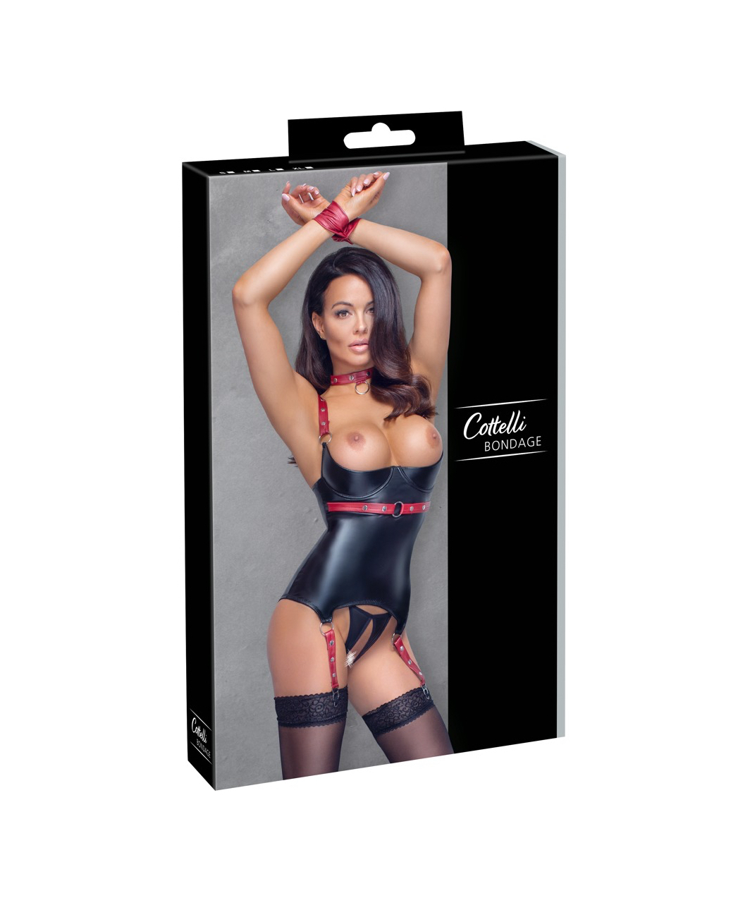 Cottelli Lingerie Bondage black matte look basque with red straps