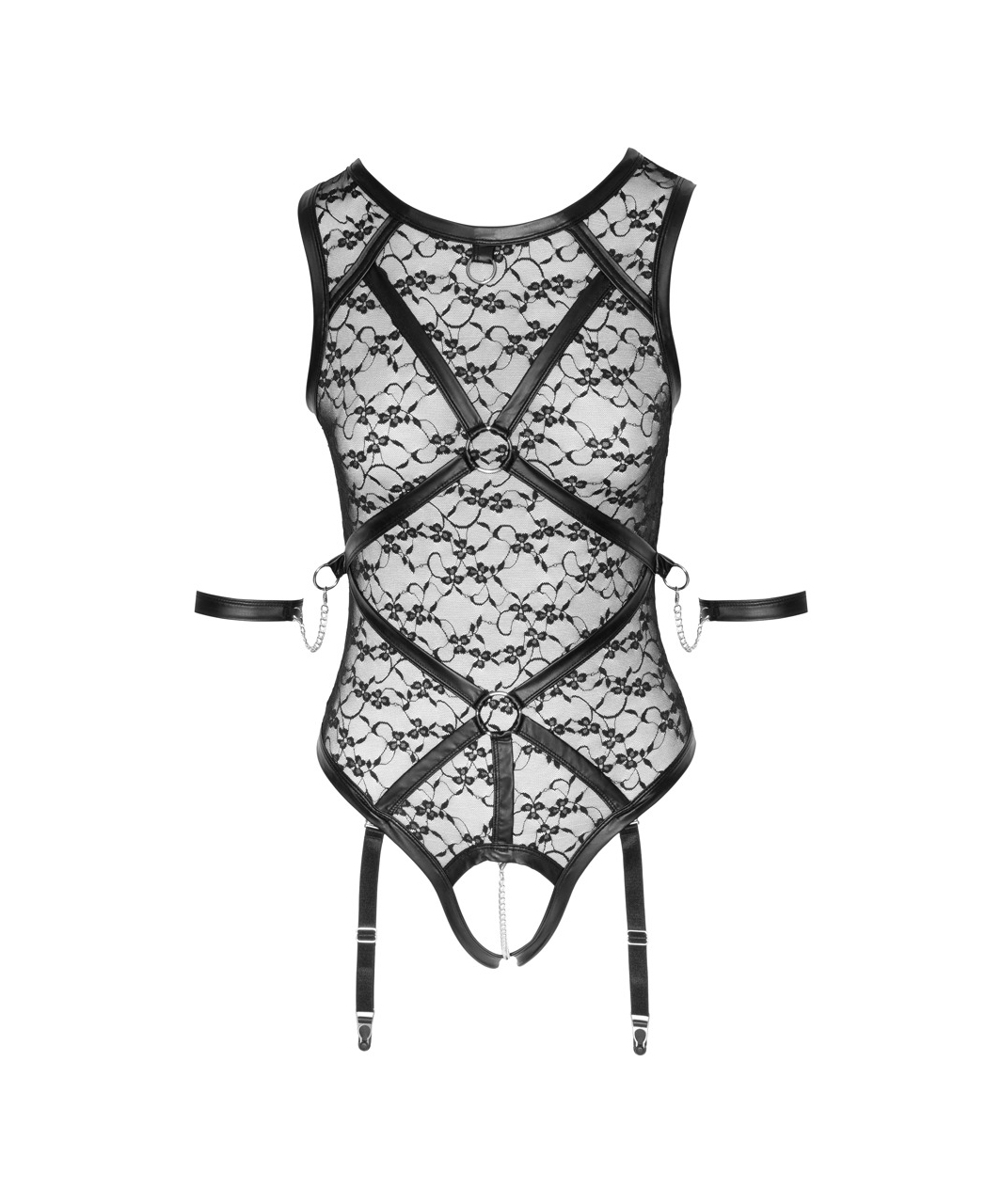 Cottelli Lingerie Bondage black sheer mesh crotchless suspender bodysuit