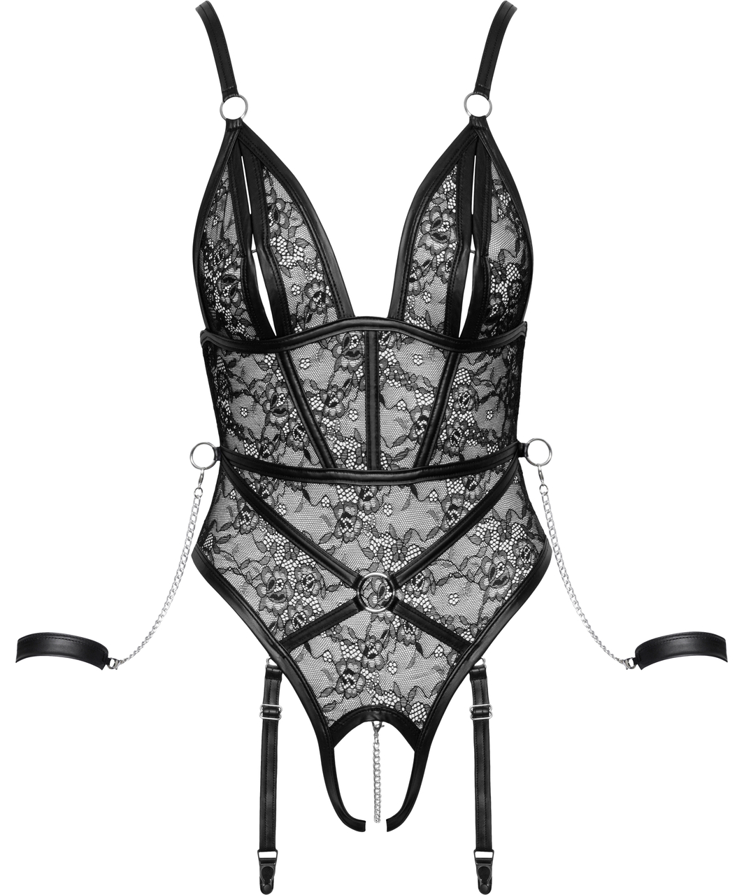 Bondage by Cottelli Fleurona black crotchless bodysuit with wrist cuffs