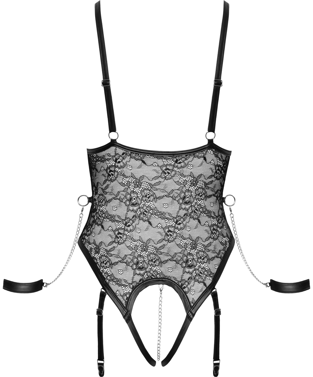 Bondage by Cottelli Fleurona black crotchless bodysuit with wrist cuffs