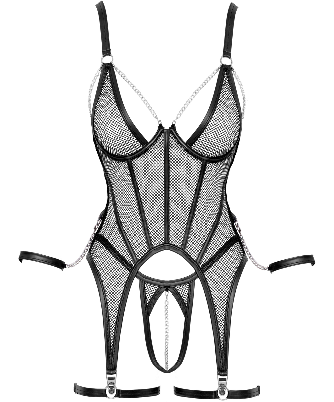 Bondage by Cottelli Malicent net garter slip with wrist cuffs
