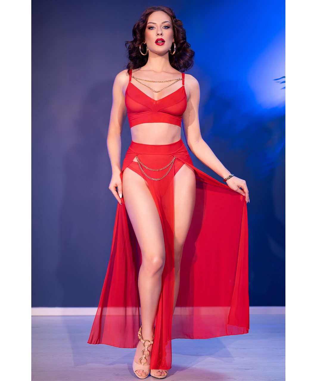 Chilirose CR 4850 raudonas liemenėlė ir sijonas su grandinėlėmis