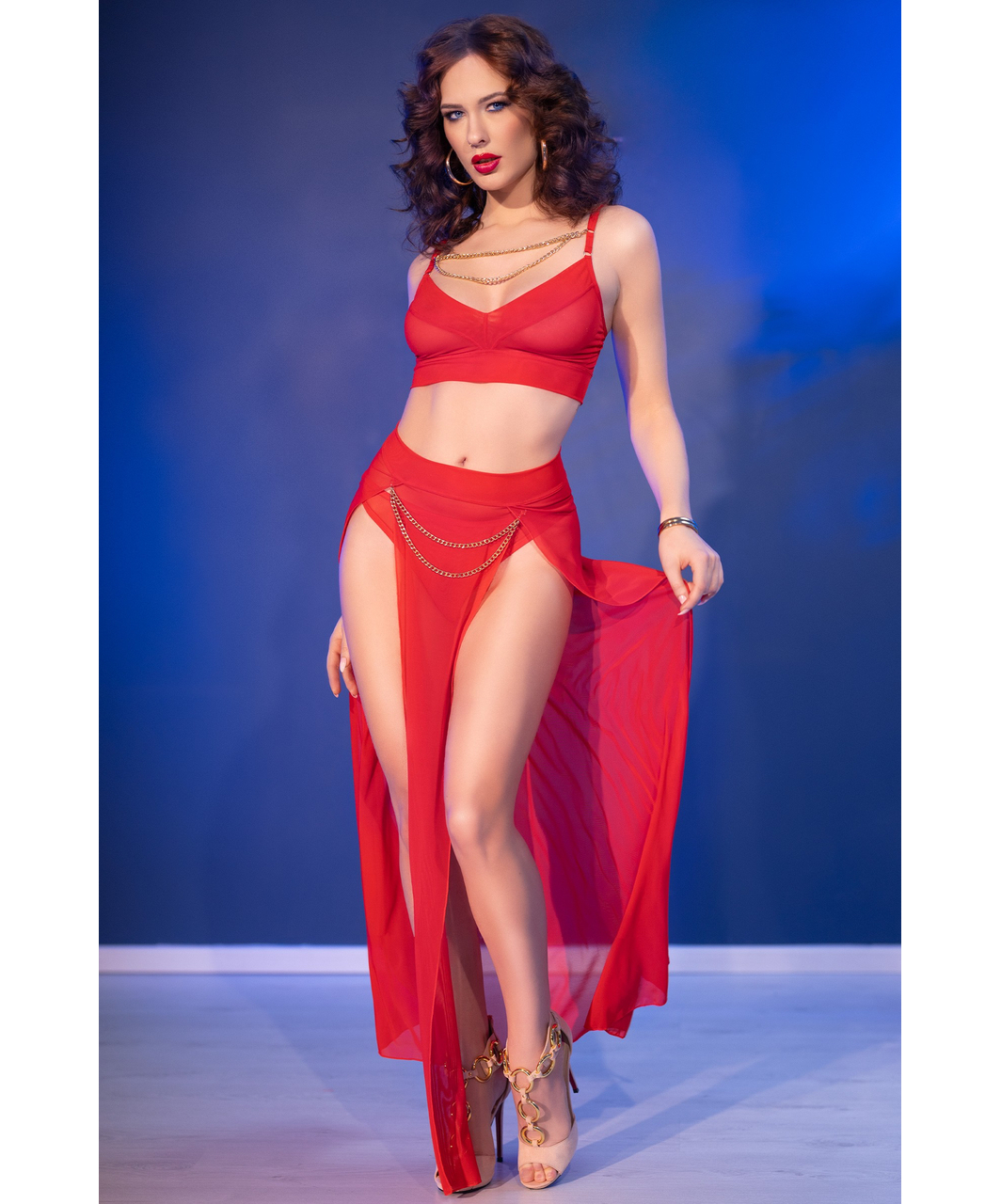 Chilirose CR 4850 raudonas liemenėlė ir sijonas su grandinėlėmis