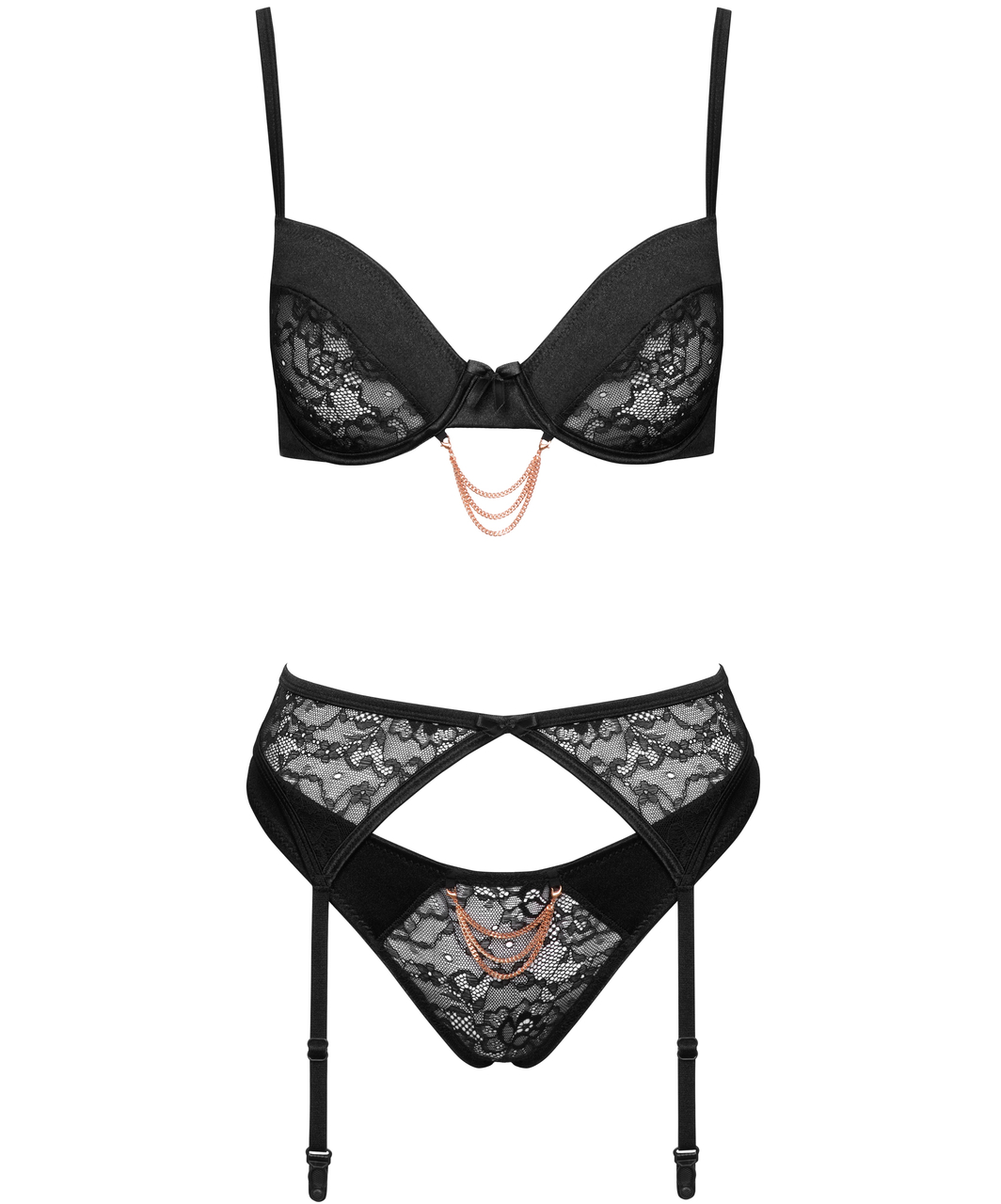 Cottelli Lingerie juodas nėriniuotas apatinio trikotažo rinkinys su grandinėlėmis